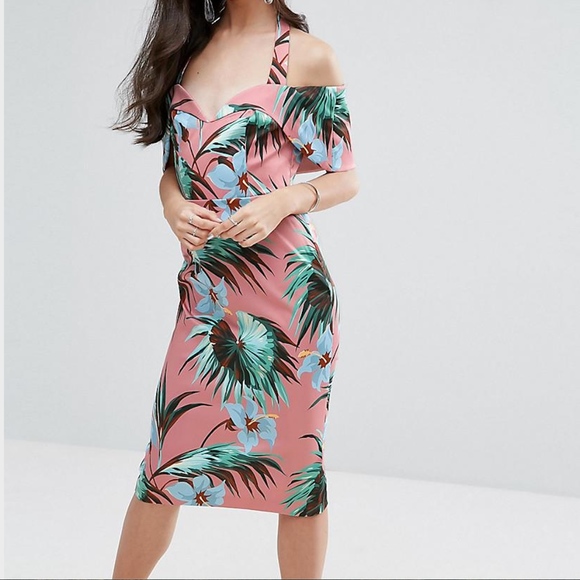 ASOS Dresses & Skirts - ASOS Halter Bardot Tropical Print Midi Dress NWT!